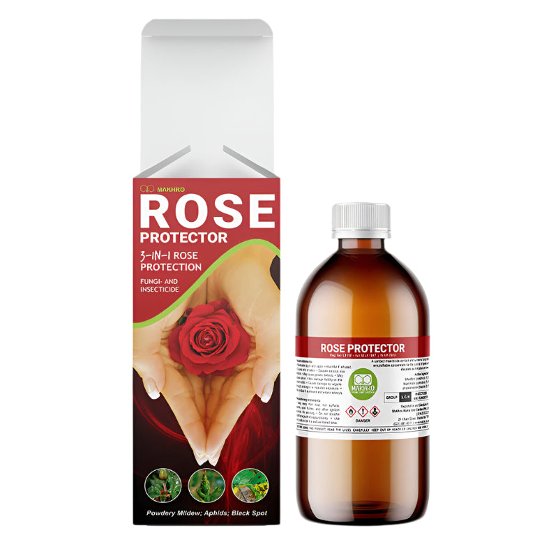 A bottle of Makhro Rose Protector placed next to its packaging box. The bottle is labeled with product information and the box features a rose illustration with the text 'ROSE PROTECTOR 3-in-1 ROSE PROTECTION'.