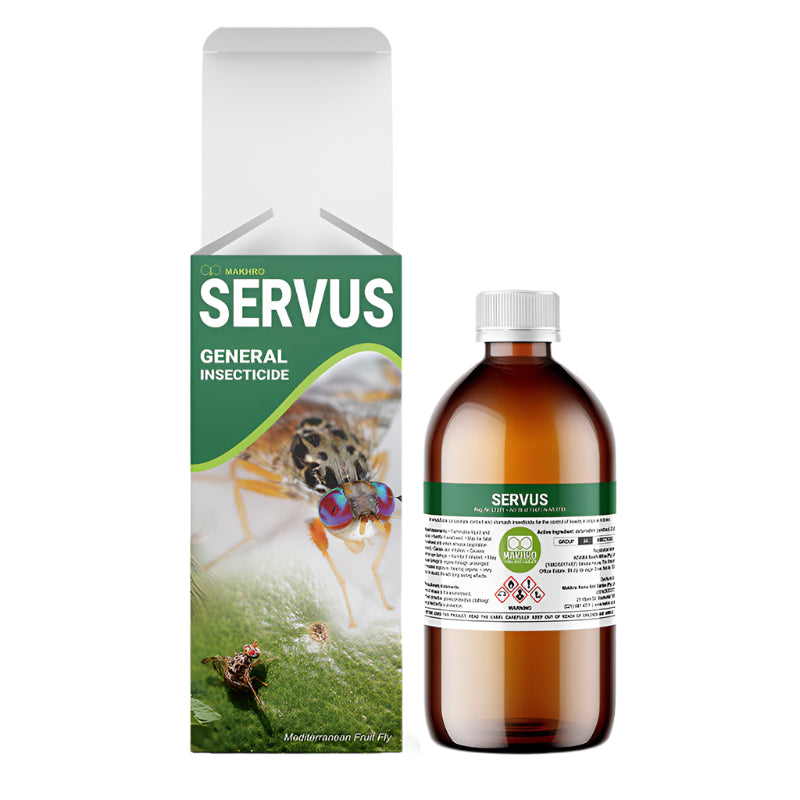A product image showing a bottle and packaging box for 'Makhro Servus', an insecticide. The bottle is transparent with a white cap, and the box has an image of an insect and the product name.