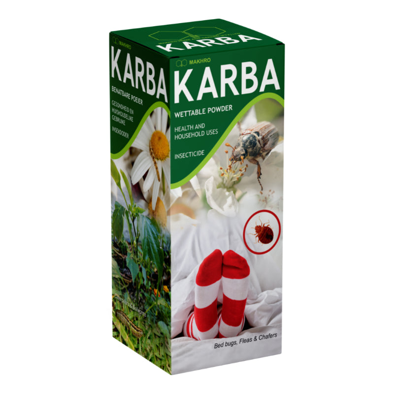 A box of Karba 850 WP insecticide with images of plants, flowers, and an insect on the packaging.