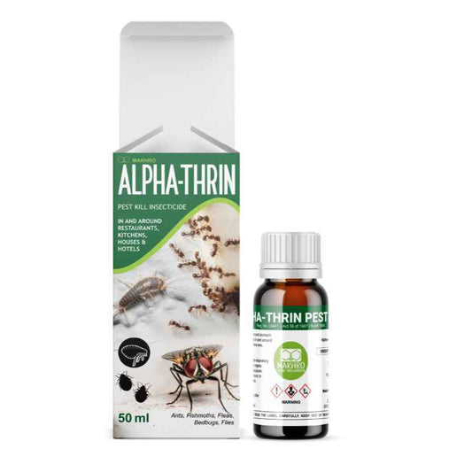 50ml Alpha-Thrin pest control packaging and bottle on a white background