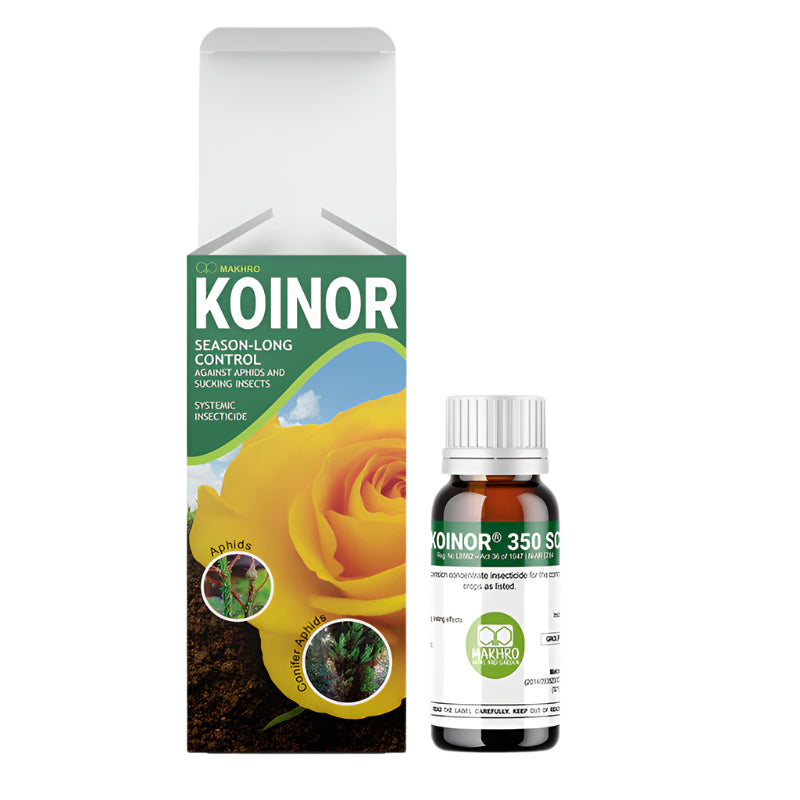 Packaging of Koinor 350 SC insecticide which includes a Suspension Concentrate bottle and a product box with branding and product information.