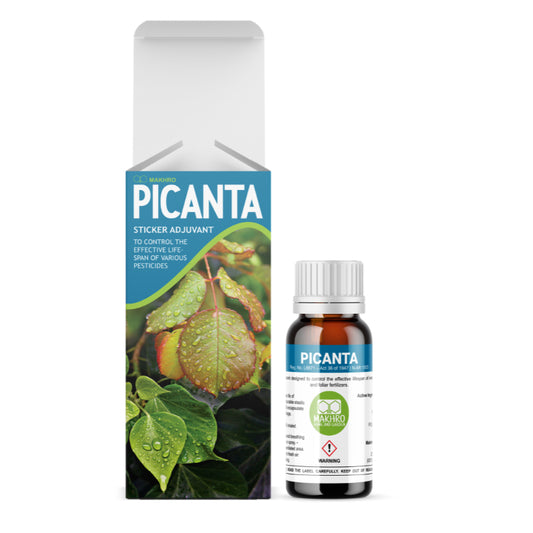 A product image featuring a bottle and packaging labeled 'PICANTA', a sticker adjuvant for agricultural use, with a background of green leaves.