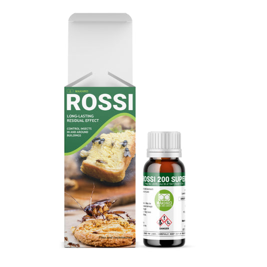 A product image featuring a bottle of Rossi 200 Super insecticide and its packaging with graphical elements and text.