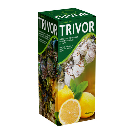 Trivor pesticide packaging with lemons and insect illustration on a white background