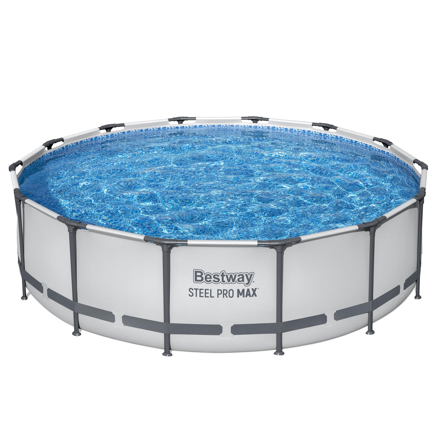 Round above-ground pool with blue water and metal frame, featuring Bestway branding.