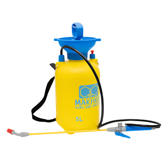 Yellow spray pump with and hose on a white background