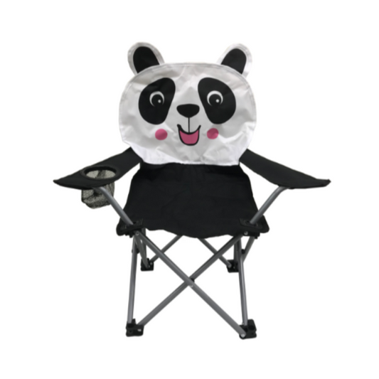 A kids' camping chair with a panda design on the backrest, black in color, with a cup holder and folding frame.