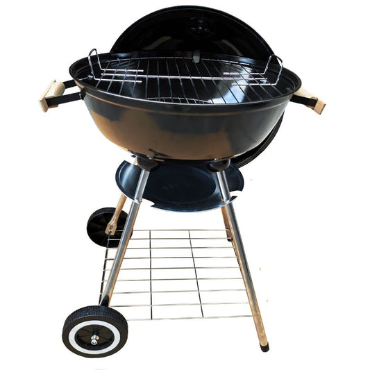 A black Afritrail 44cm kettle braai with wheels and a cooking grate visible.