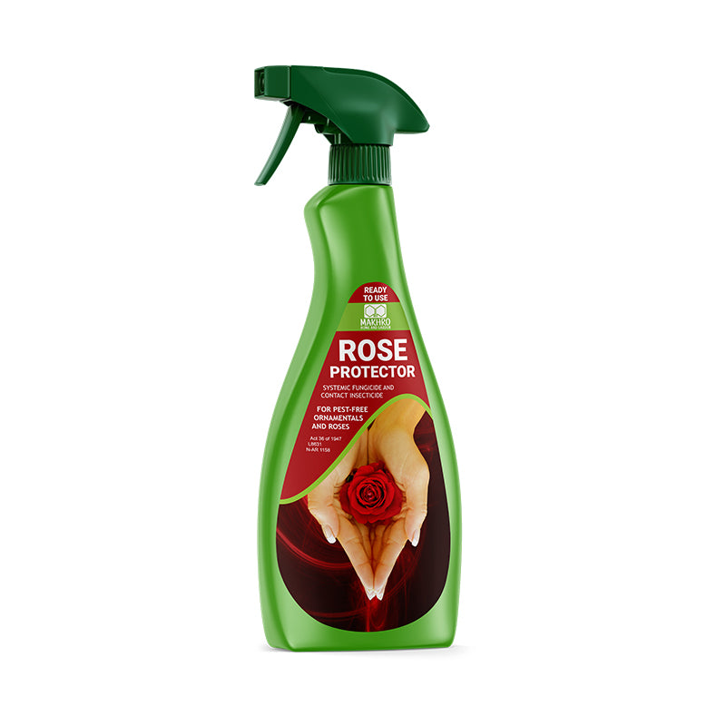 A green spray bottle labeled 'ROSE PROTECTOR' with an image of a rose at the bottom.