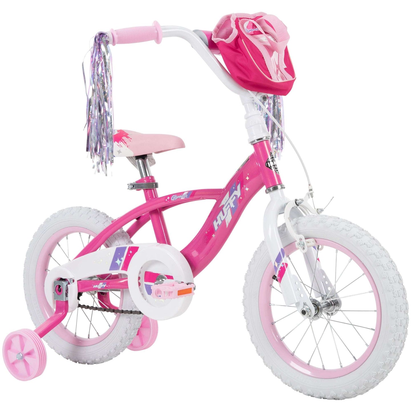 Pink children's bicycle with training wheels on a white background