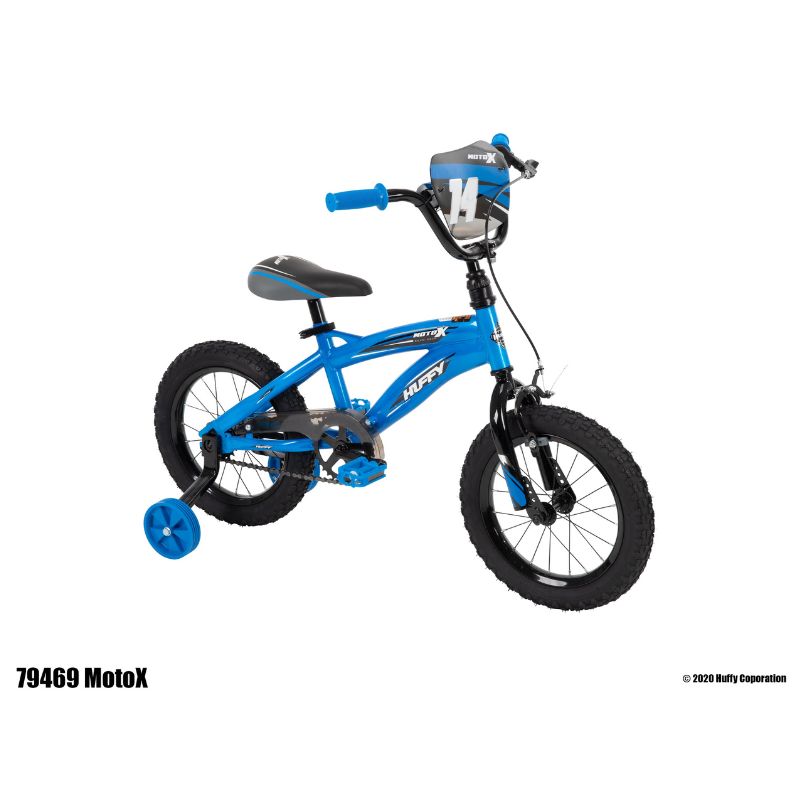 Blue children's bike with training wheels on a white background
