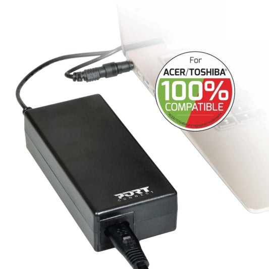 Black laptop charger with Acer/Toshiba compatibility label on a white background