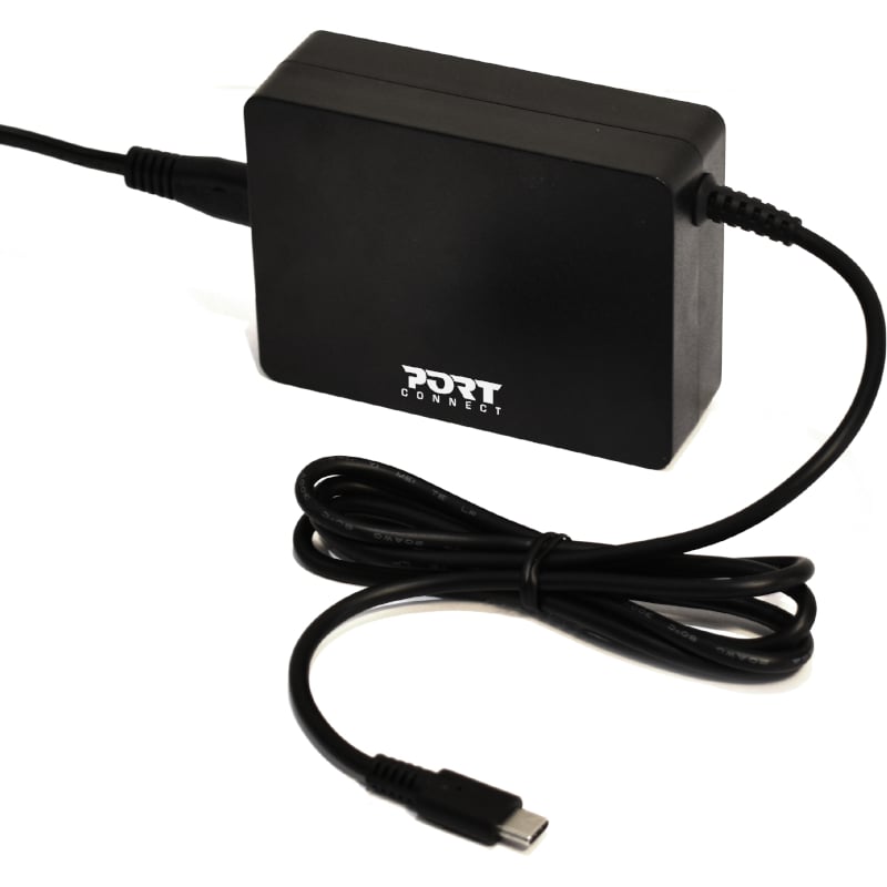 A black Port Connect 90W Type-C Notebook Adapter with a long cable and a USB Type-C connector.