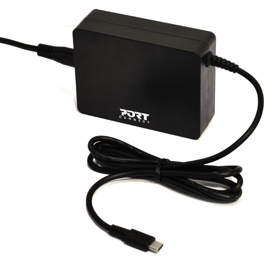 A black Port Connect 90W Type-C Notebook Adapter with a long cable and a USB Type-C connector.
