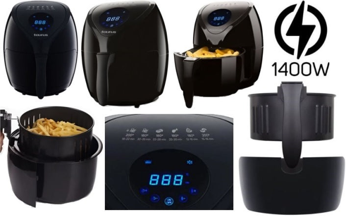 Black air fryer with digital display, basket, and power symbol indicating 1400W.