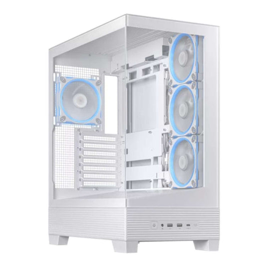 White computer case with blue LED lights on a white background