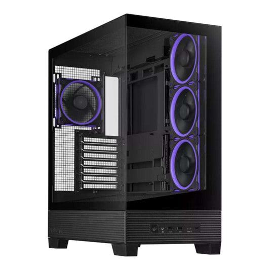 Black computer case with purple fans on a white background