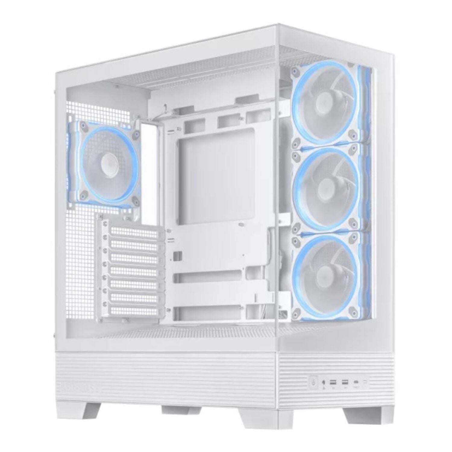 White computer case with blue LED lights on a white background
