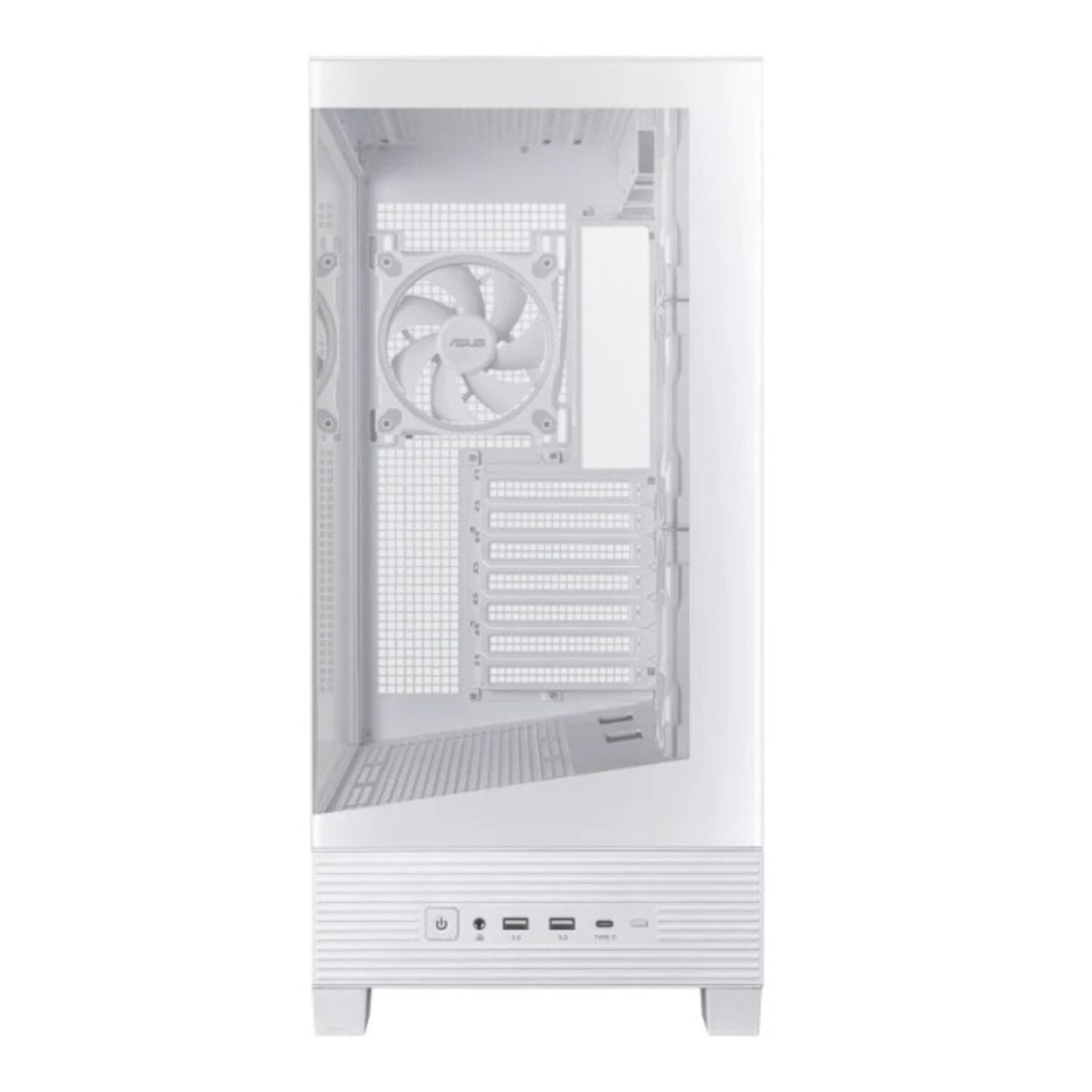 White computer case with a visible fan on a white background