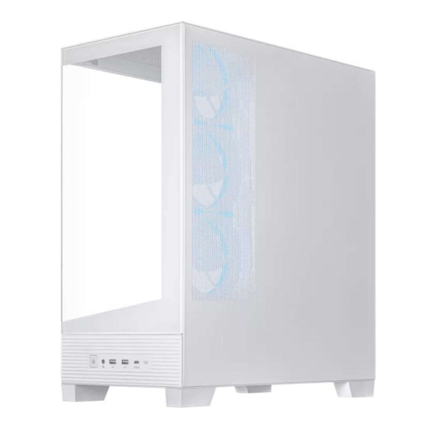 White computer case with a glass side panel on a white background