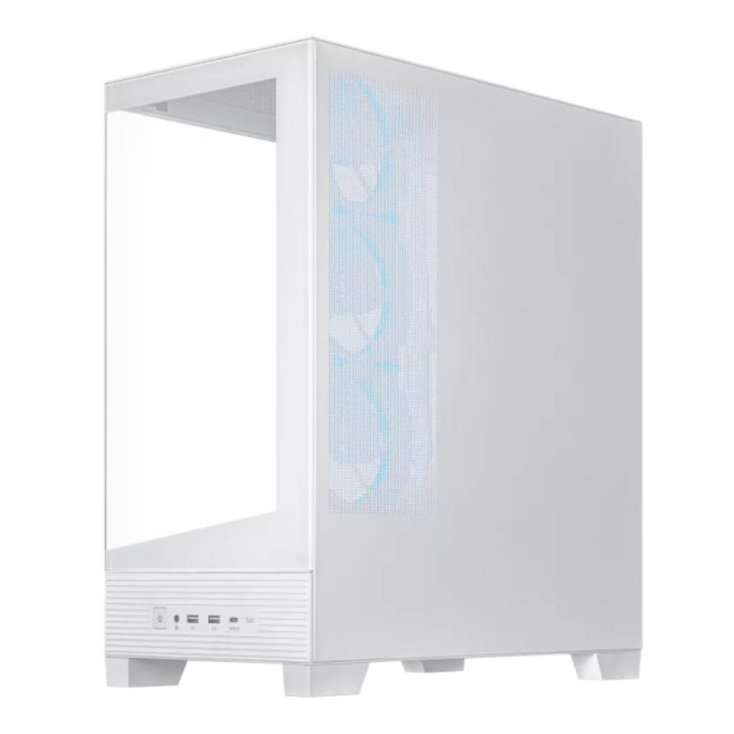 White computer case with a glass side panel on a white background