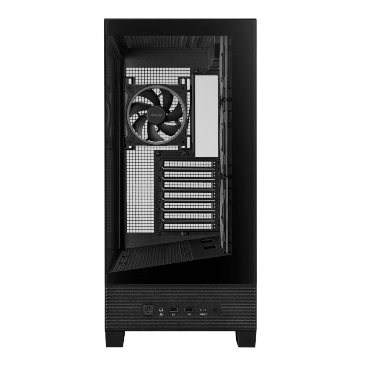 Black computer case with a fan on a white background