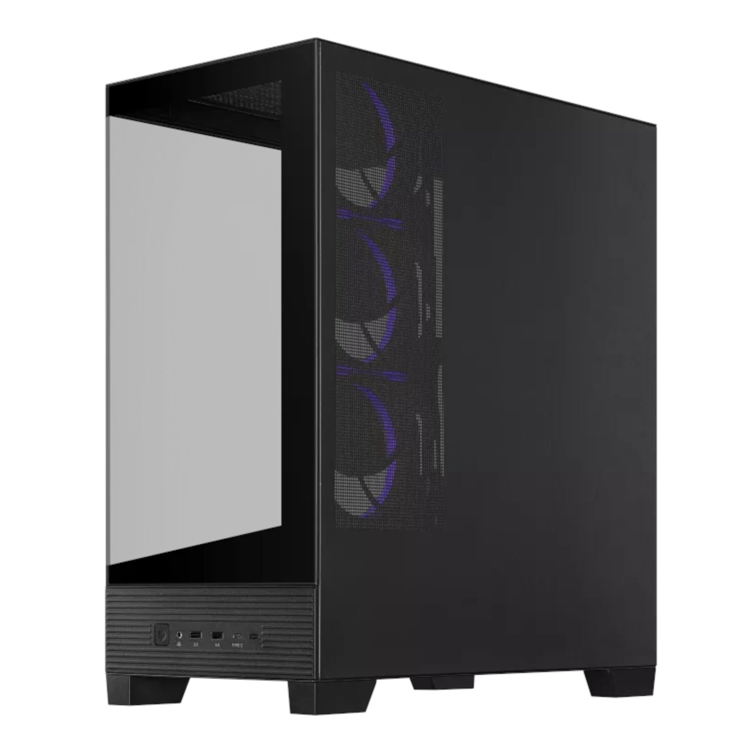 Black computer case with a glass side panel on a white background