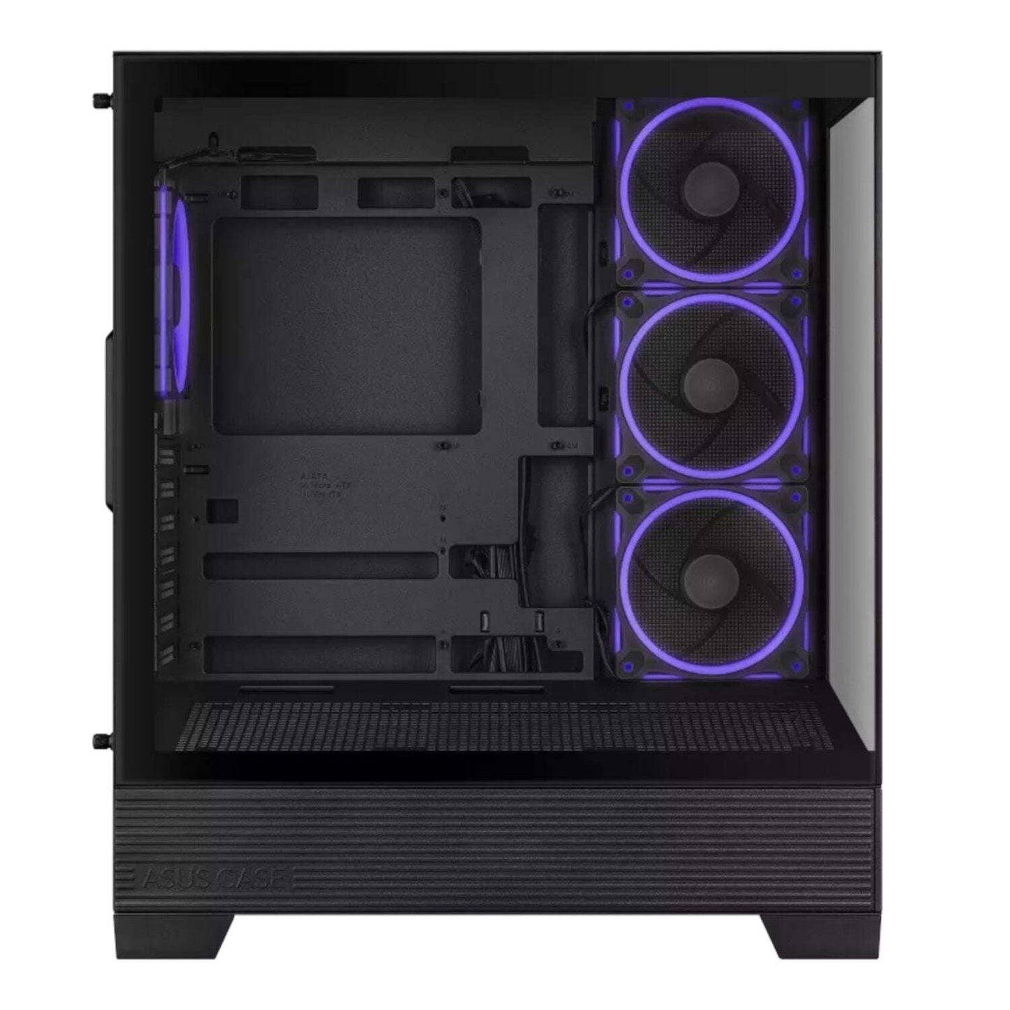 Computer case with purple LED fans on a white background