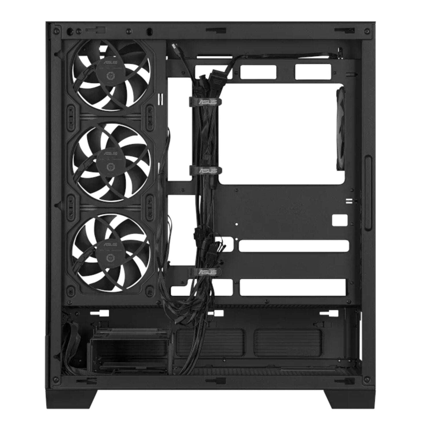 Black computer case with three fans on a white background