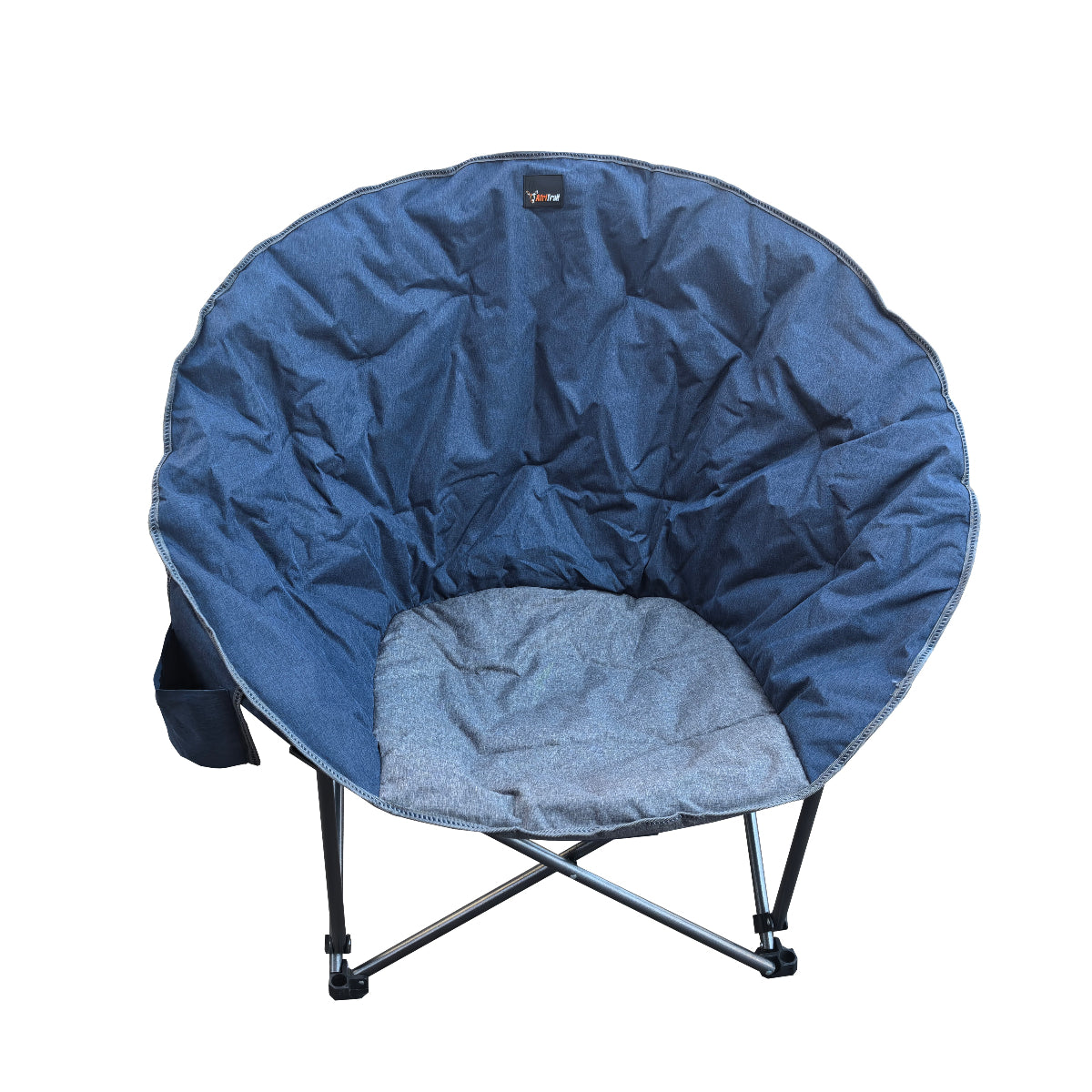 A blue and grey AfriTrail Deluxe Jumbo Moon Chair with a robust steel frame and a side pocket, designed for outdoor relaxation.