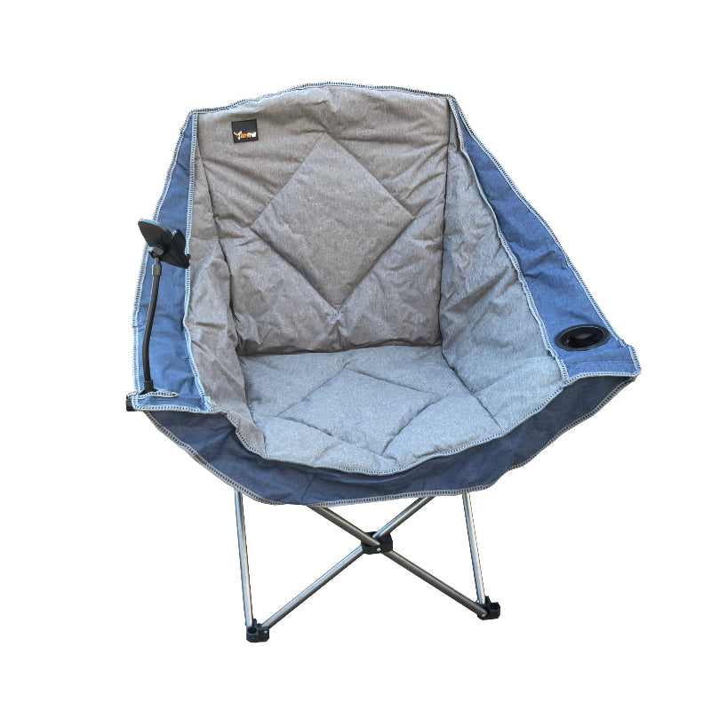 A foldable tub moon chair with a steel tube frame and cationic 600D Oxford fabric in gray and blue colors, featuring a cup holder and a cell phone holder.