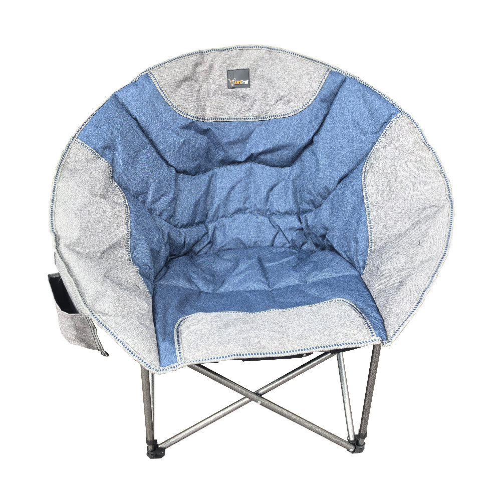 A foldable moon chair with a steel frame and blue fabric seating, featuring a side pocket, designed for outdoor relaxation.
