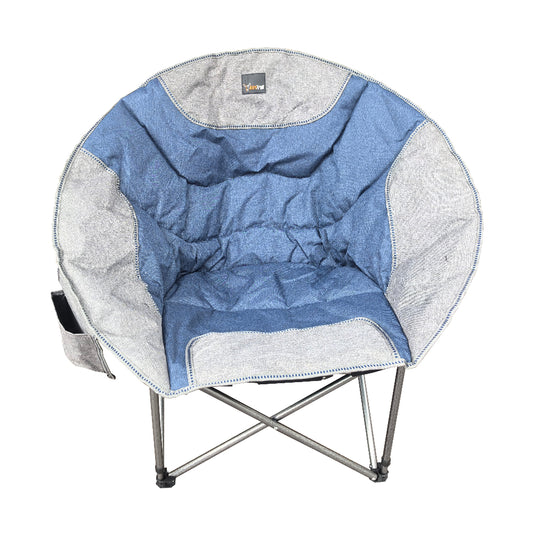 A foldable moon chair with a steel frame and blue fabric seating, featuring a side pocket, designed for outdoor relaxation.
