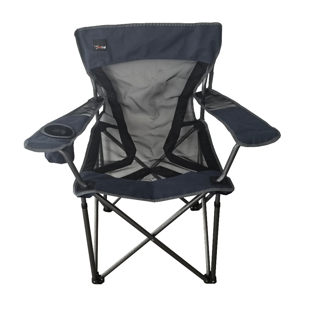 A blue and grey AfriTrail Deluxe Jumbo Mesh Camp Chair with a steel frame and mesh fabric, featuring armrests and a cupholder.