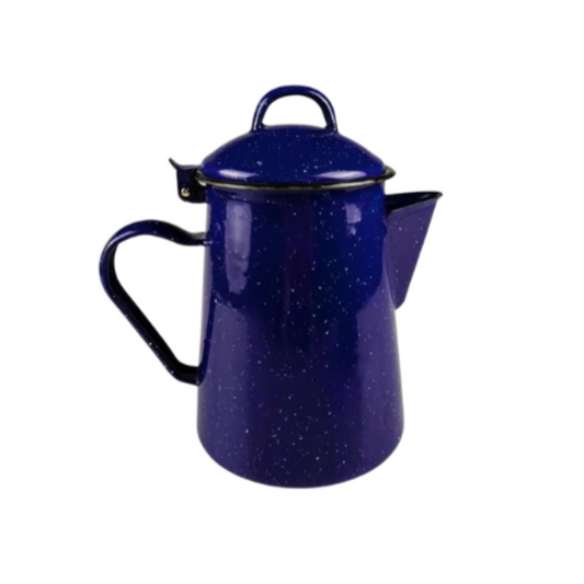 A blue enamel coffee pot with a capacity of 1.8L, featuring a speckled pattern and a pouring spout.