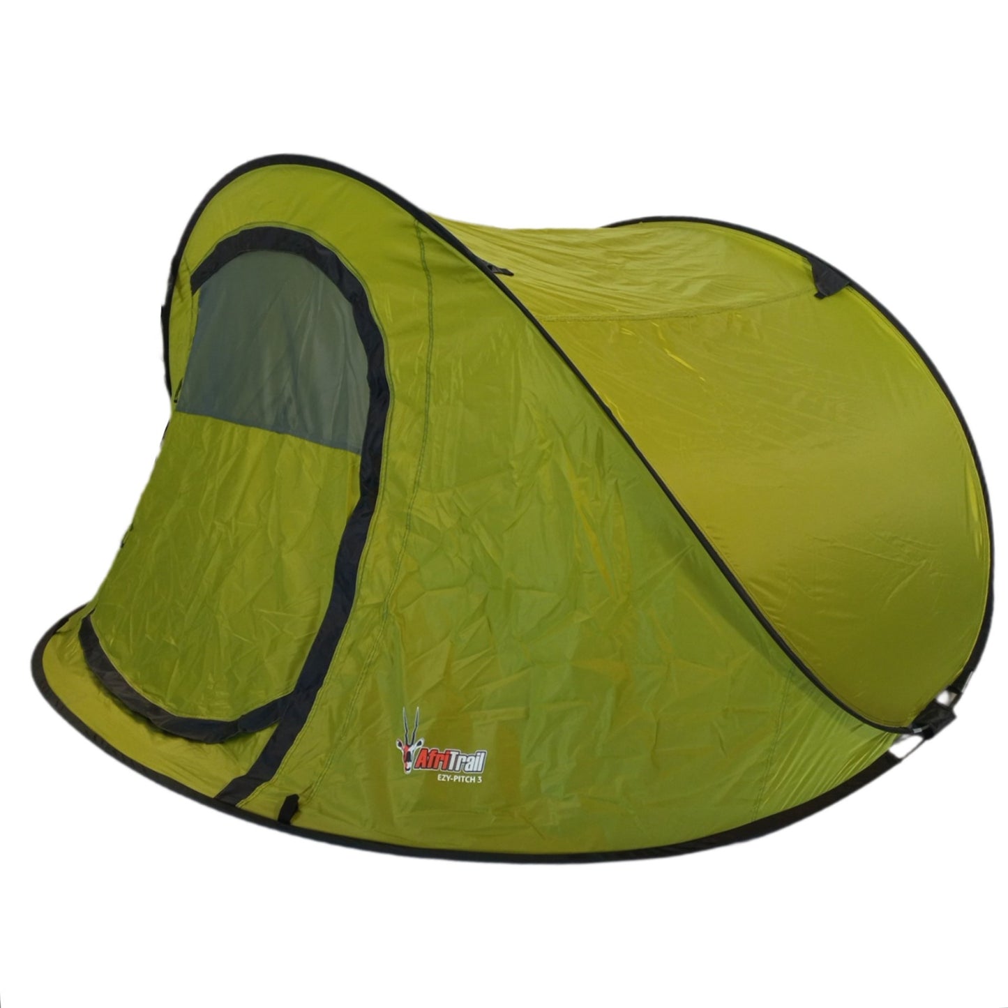 Green pop-up tent with black trim on a white background