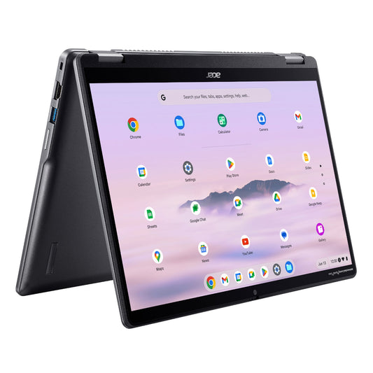 Acer Chromebook Plus Spin 514 in tablet mode with the screen displaying the Chrome OS interface.