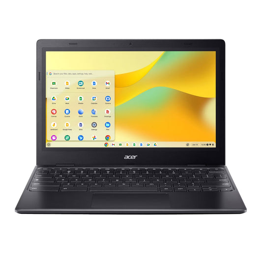 Black Acer laptop with a colorful display on a white background