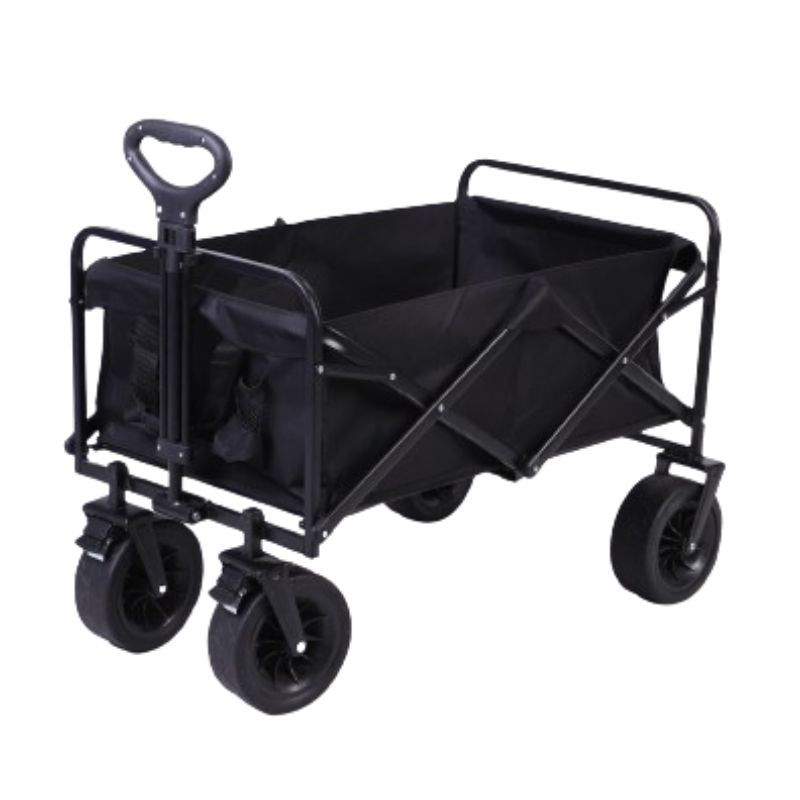 A black AfriTrail Beach Wagon with a sturdy design and foldable structure, featuring a 100kg capacity and four wheels.