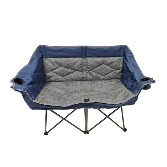 A deluxe double tub moon chair with blue and gray color scheme, featuring extra padding and side pockets.