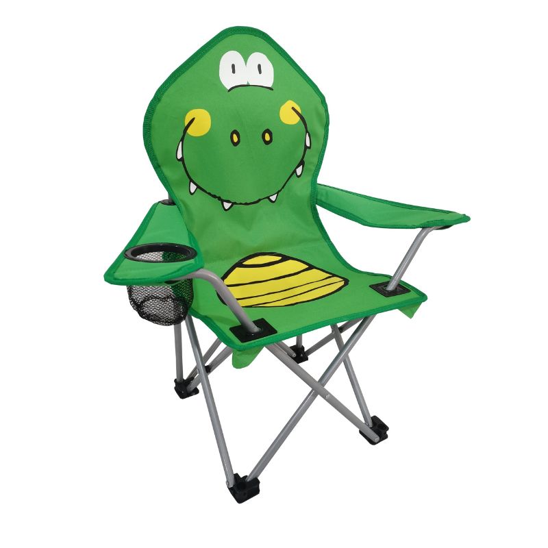 A green AfriTrail Dinosaur Kids Camping Chair with a cartoonish face on the backrest, featuring a steel frame and a cup holder.