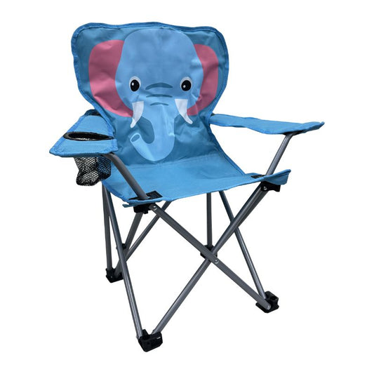 A blue AfriTrail Elephant Kids Camping Chair with a steel frame and a character design resembling an elephant's face on the backrest.