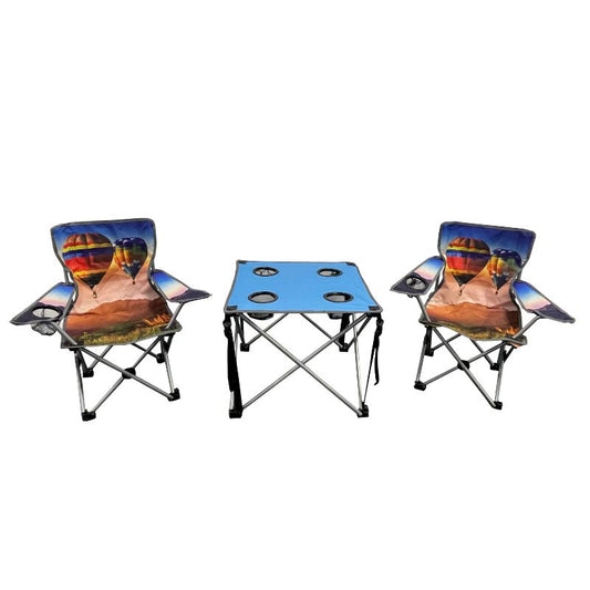 A kids camping set comprising two foldable chairs and a foldable table with cup holders, all featuring a colorful balloon design.