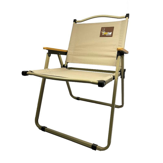 A beige AfriTrail Plettenberg Beach Chair with a steel frame and fabric seating, displayed against a white background.