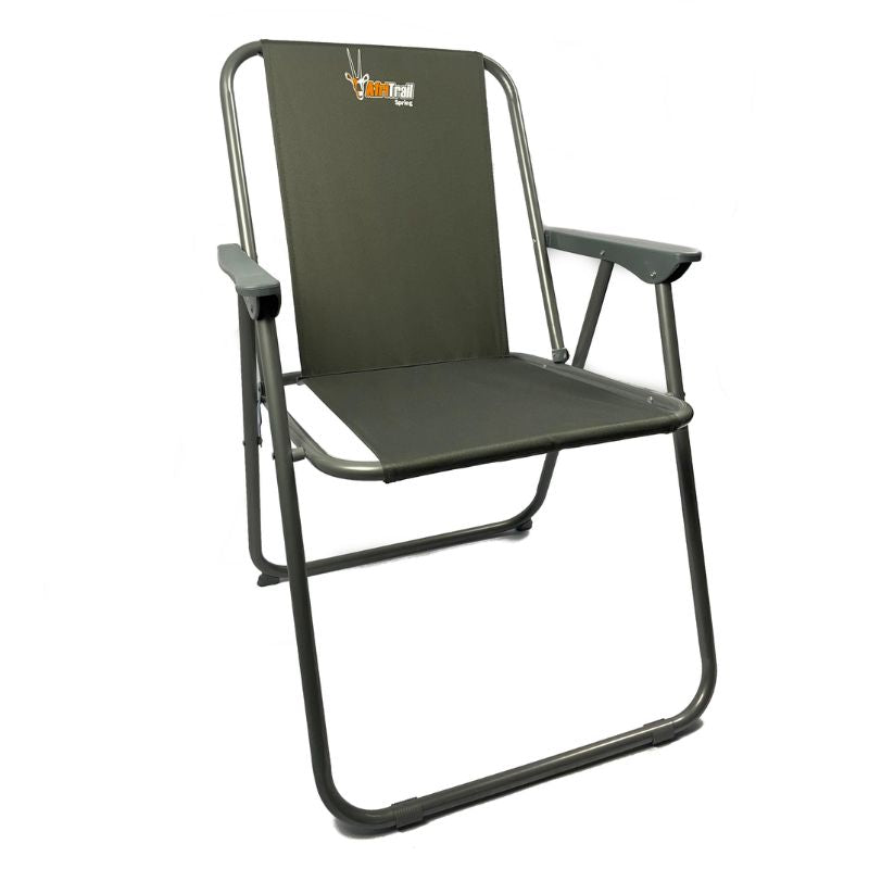 A green AfriTrail folding leisure chair with a steel frame and 600D Oxford fabric, displayed against a white background.