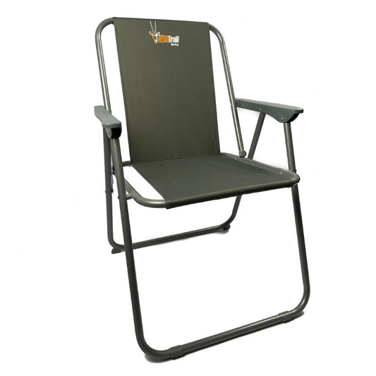 A green AfriTrail folding leisure chair with a steel frame and 600D Oxford fabric, displayed against a white background.