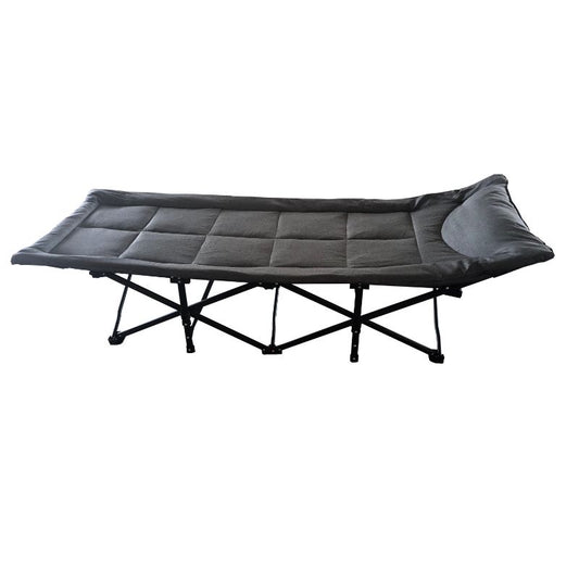 A gray Afritrail Deluxe Padded Stretcher with a steel frame and padded fabric covering, displayed in a fully opened position.