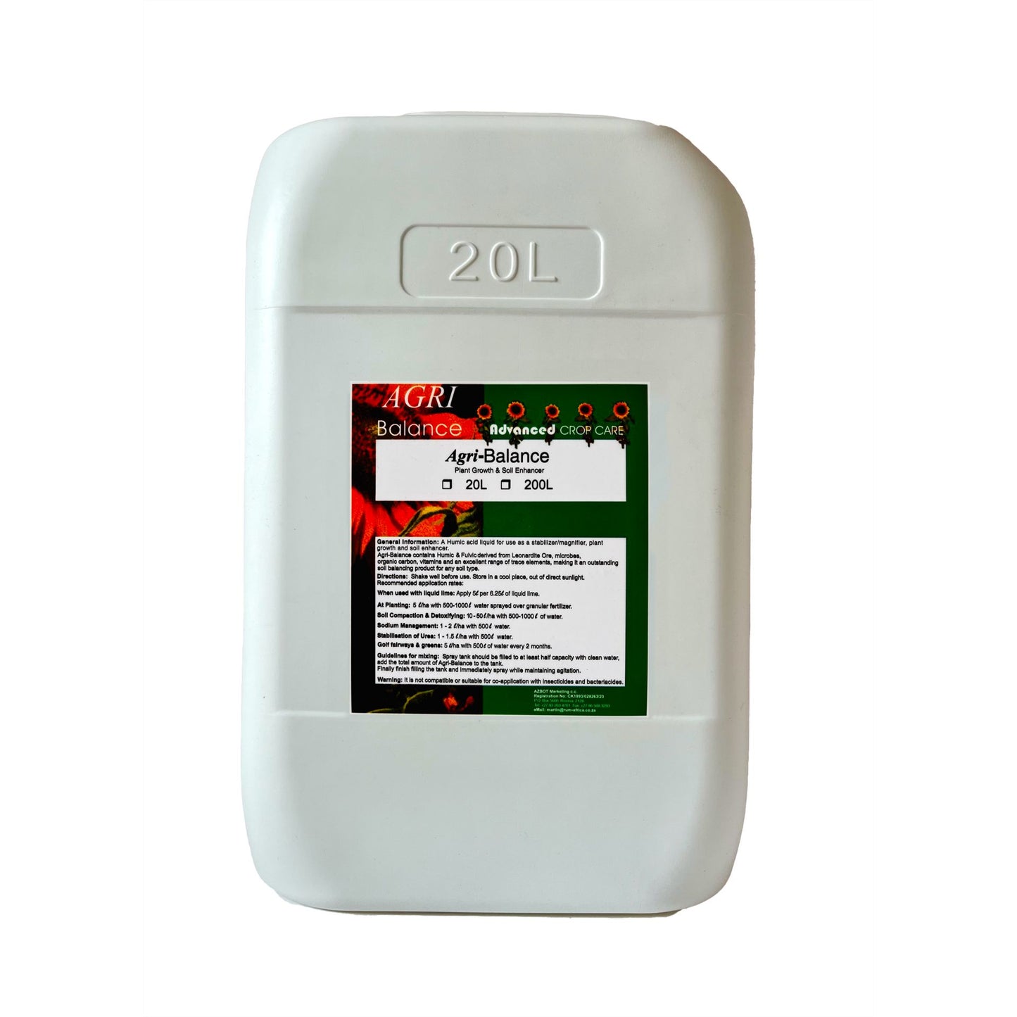 White 20L container labeled 'Agri-Balance' with a label on a white background