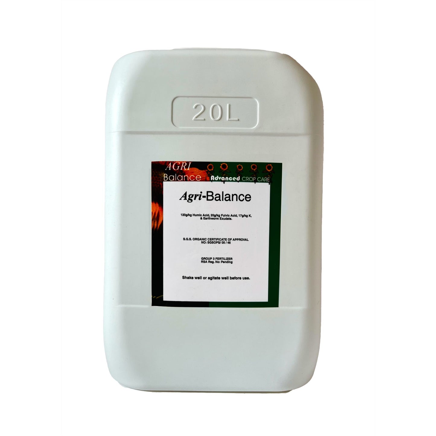 White 20L container labeled 'Agri-Balance' with a label on a white background