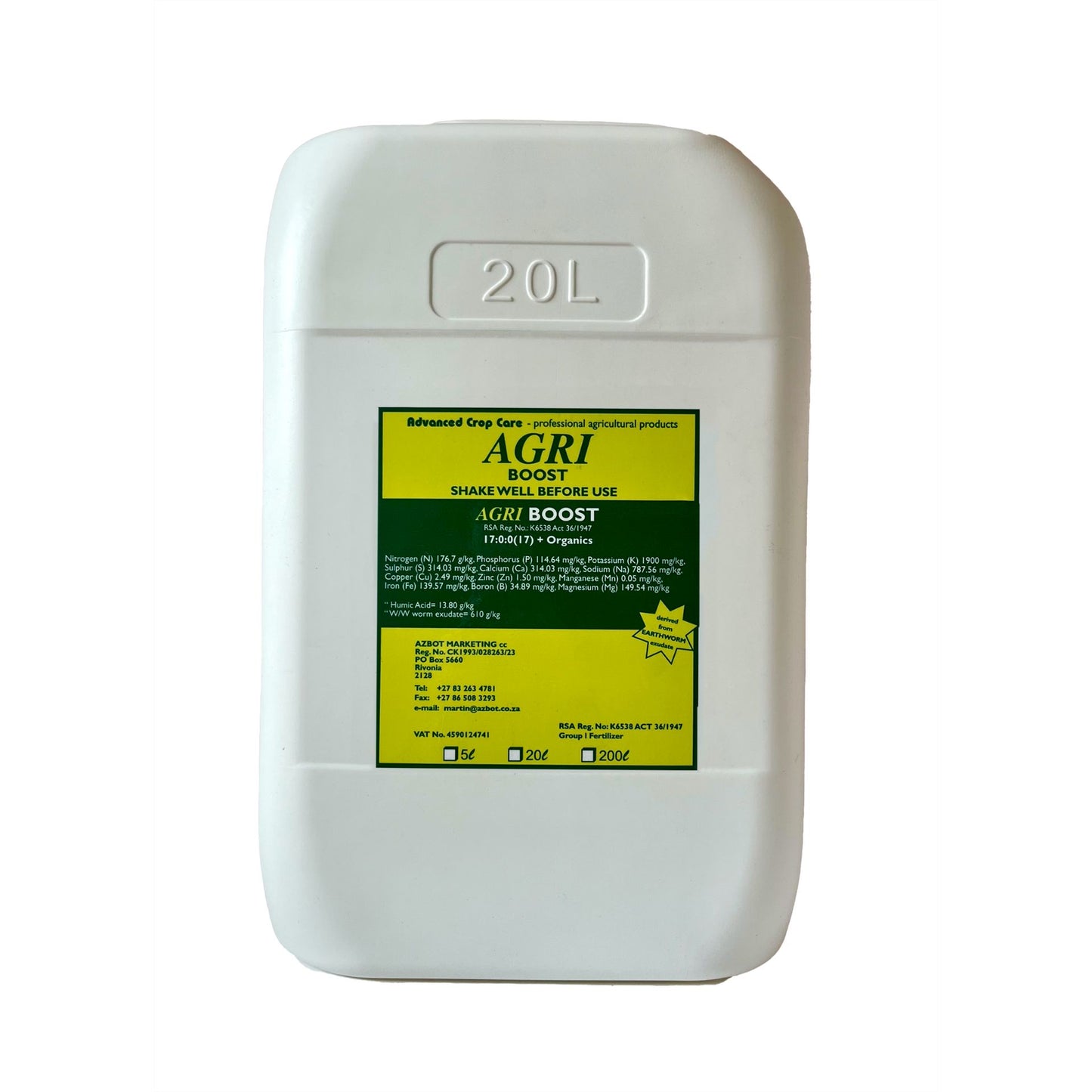 White 20L container with a yellow label labeled 'AGRI BOOST' on a white background